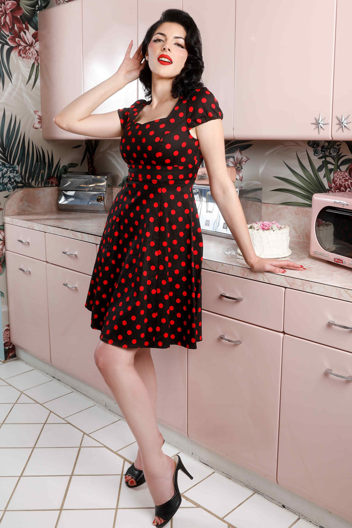 red and black polka dot dress Velvet w/ Skirt Step into timeless elegance with the Banned Black Claudia 50's Black/Red Polka Dot