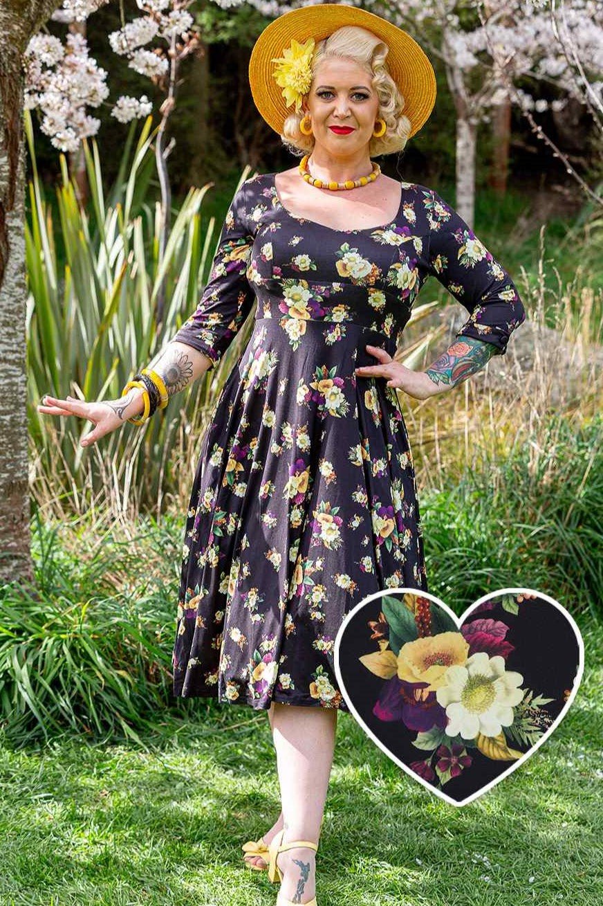 Scarlette Black & Yellow Floral Mid Calf Dress