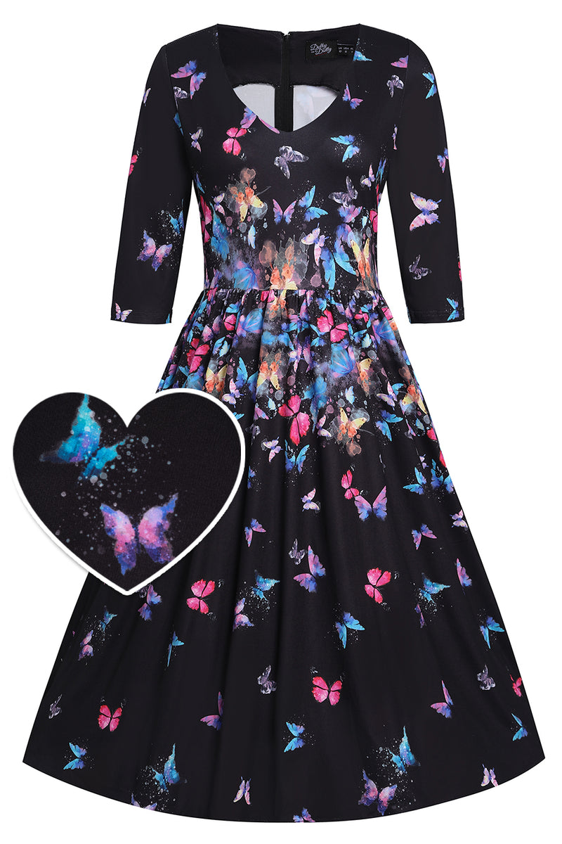 Front view of Billie Black Butterfly Long Sleeved Dress