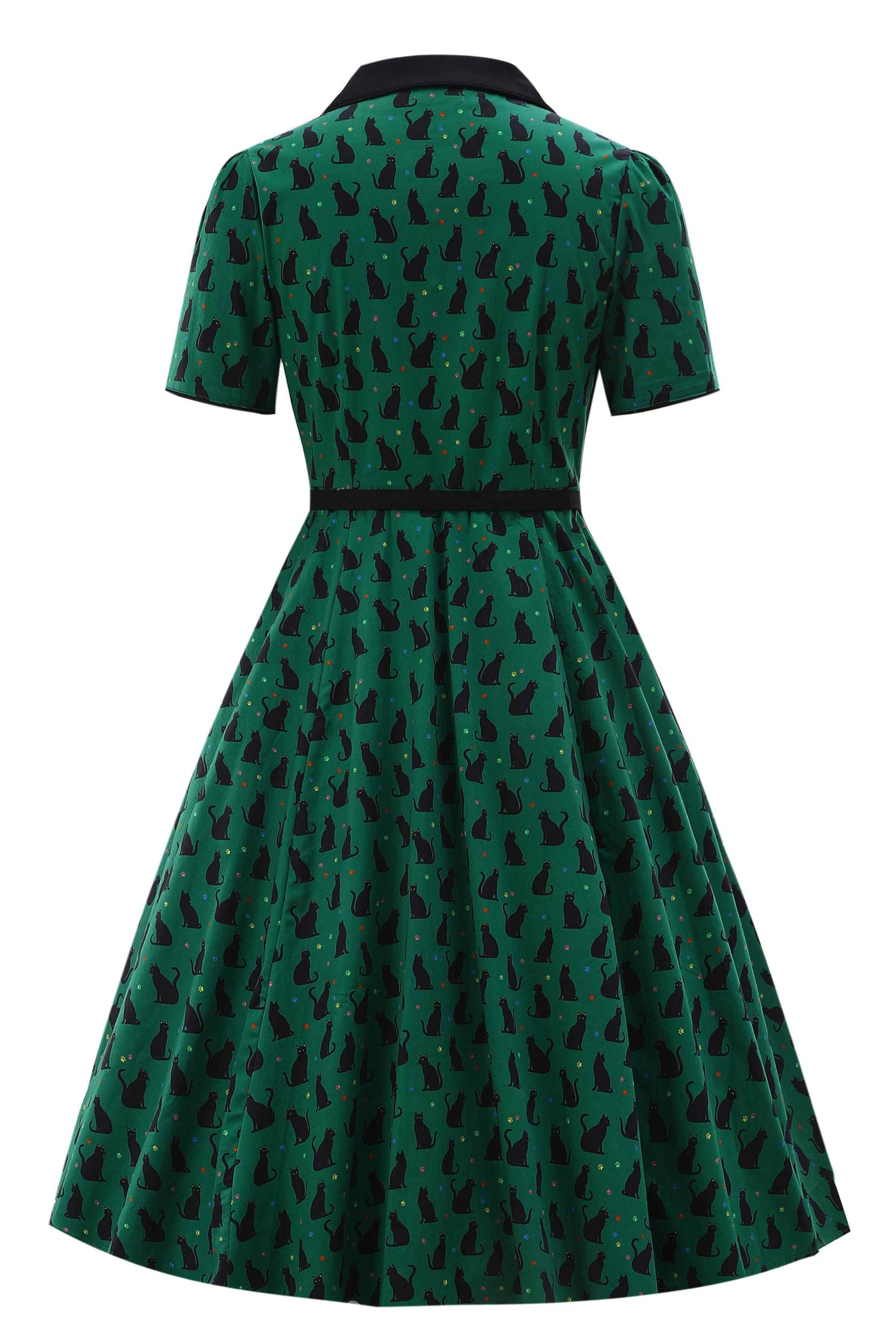 Back view of Black Cat Midi Shirt Dress In Green