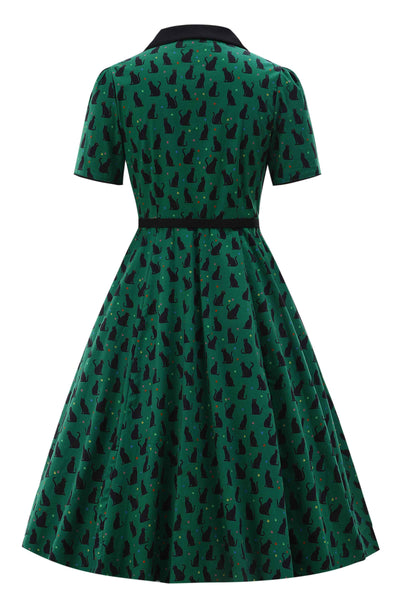 Back view of Black Cat Midi Shirt Dress In Green