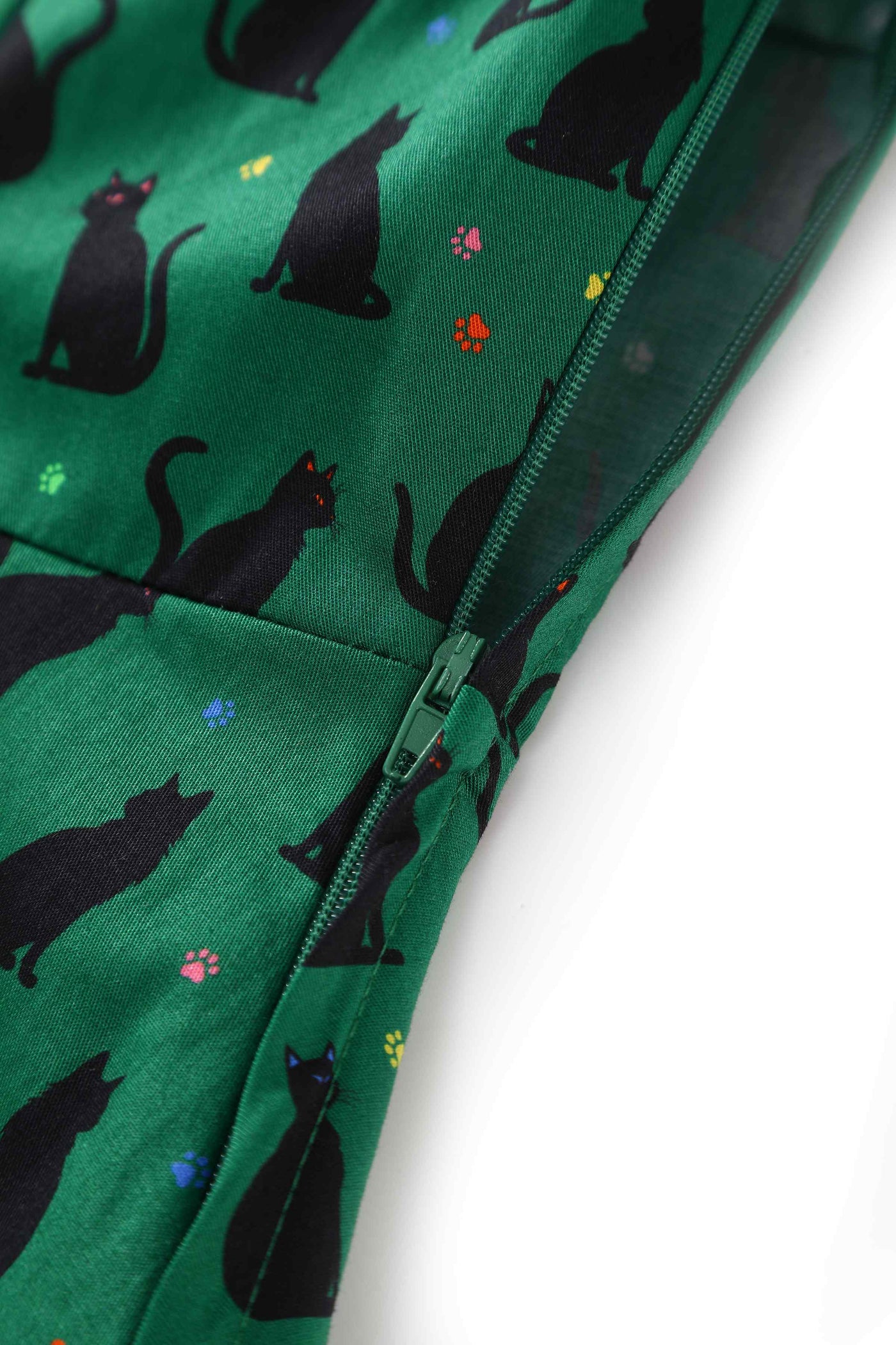 Close up view of Black Cat Midi Shirt Dress In Green