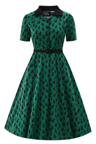 Front view of Black Cat Midi Shirt Dress In Green