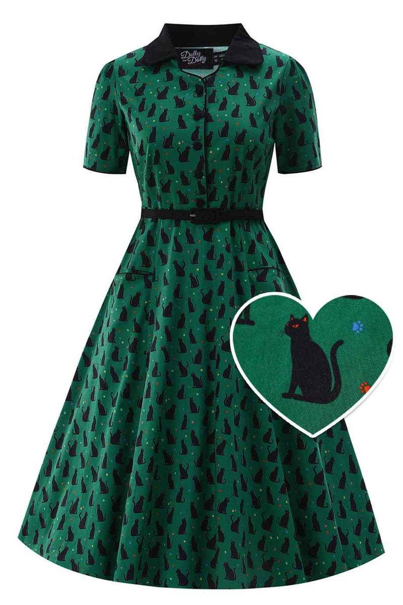 Front view of Black Cat Midi Shirt Dress In Green