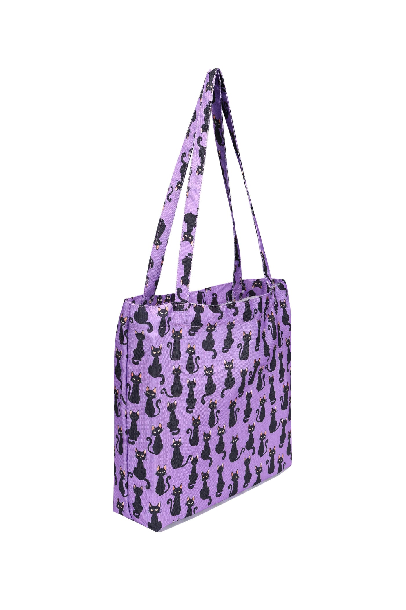 Black Cat Print Shopping Bag in Purple