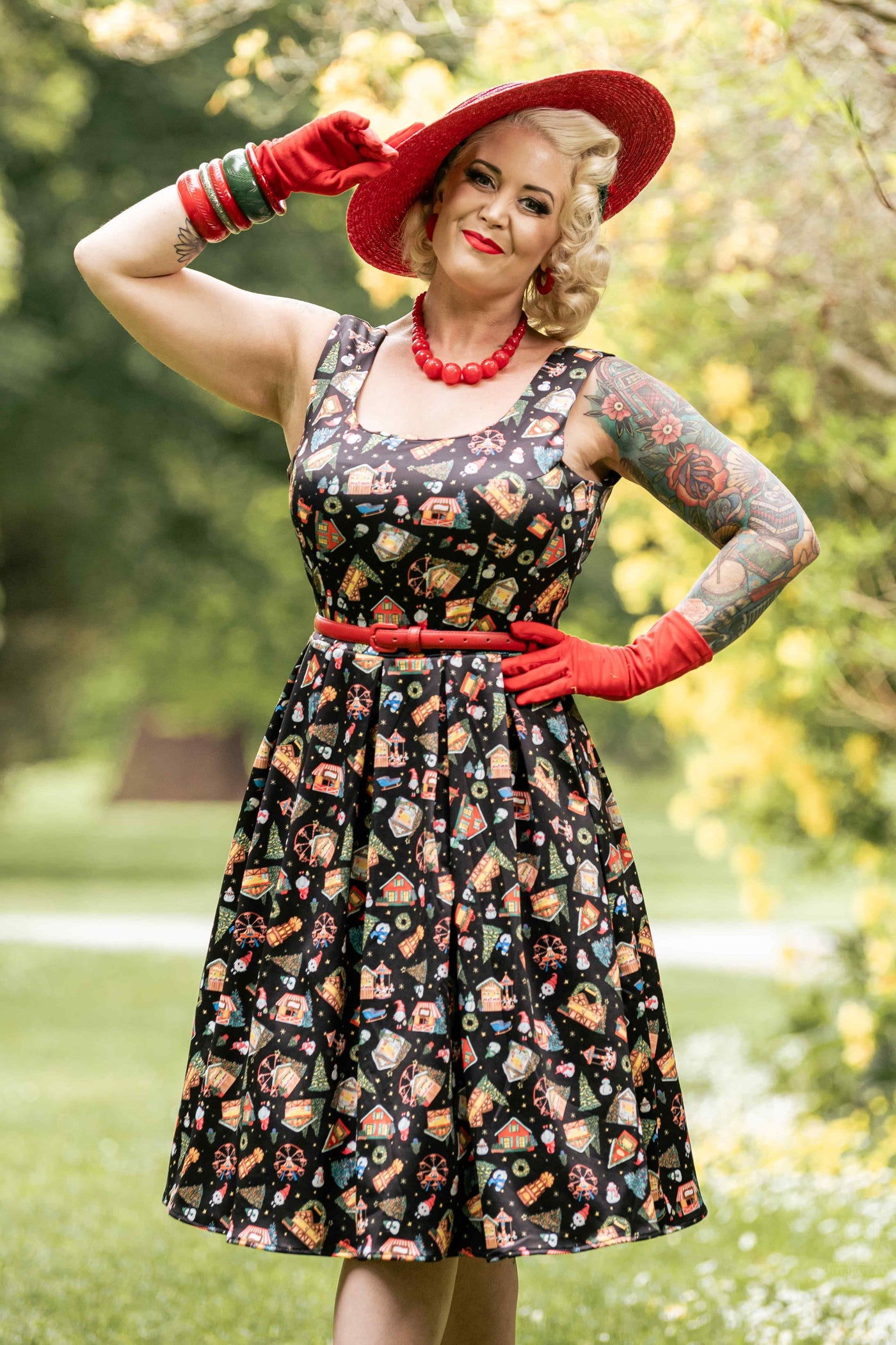 A model wearing a Christmas Fair Swing Dress