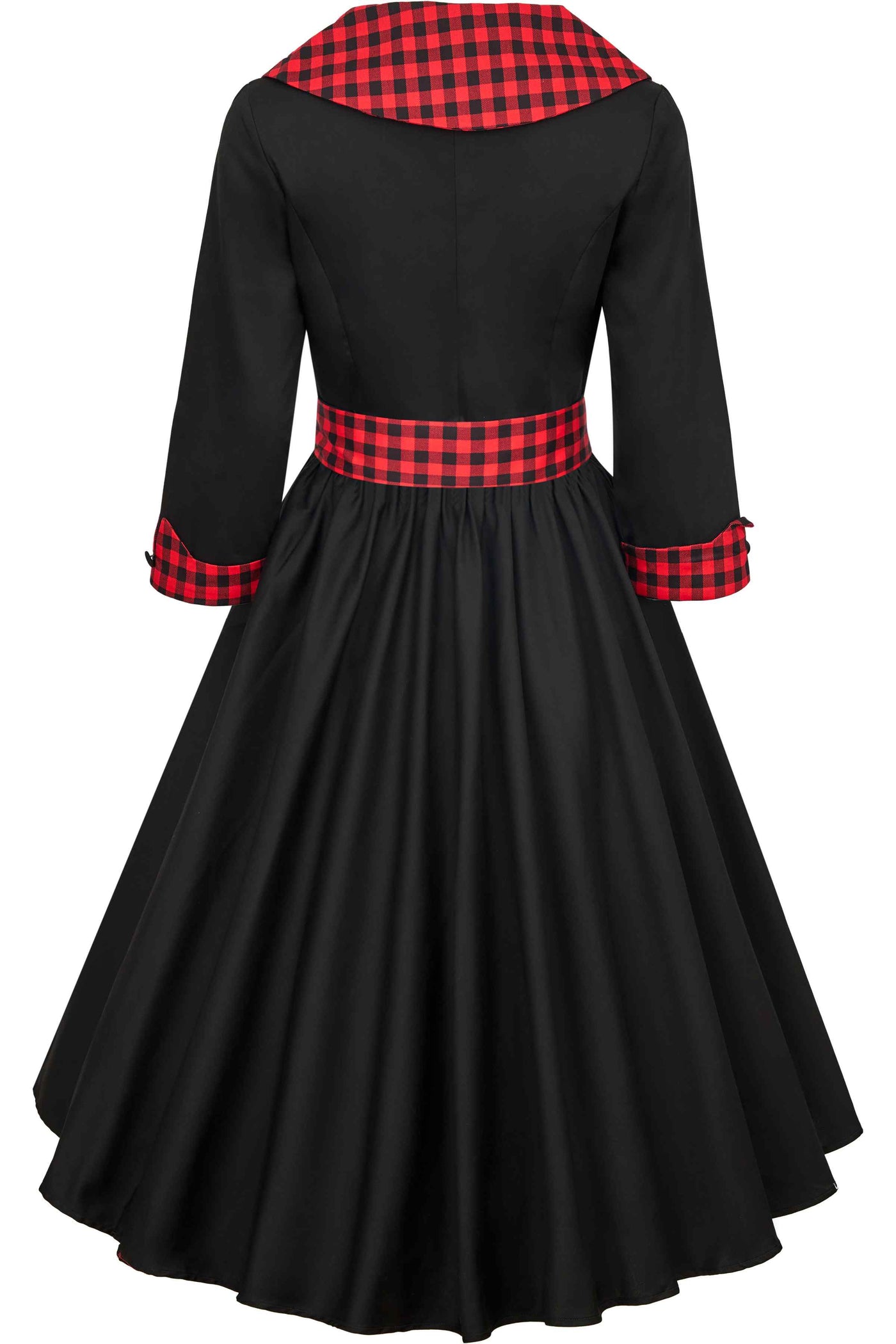 Back view of Black Coat Dress With Red Check