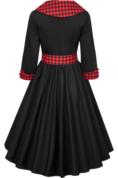 Back view of Black Coat Dress With Red Check