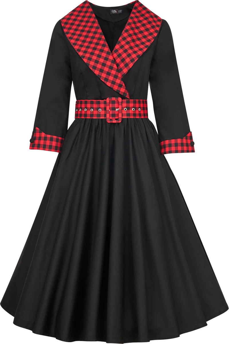 Front view of Black Coat Dress With Red Check