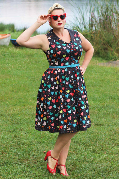 A model wearing a Black Colourful Heart Shirt Dress
