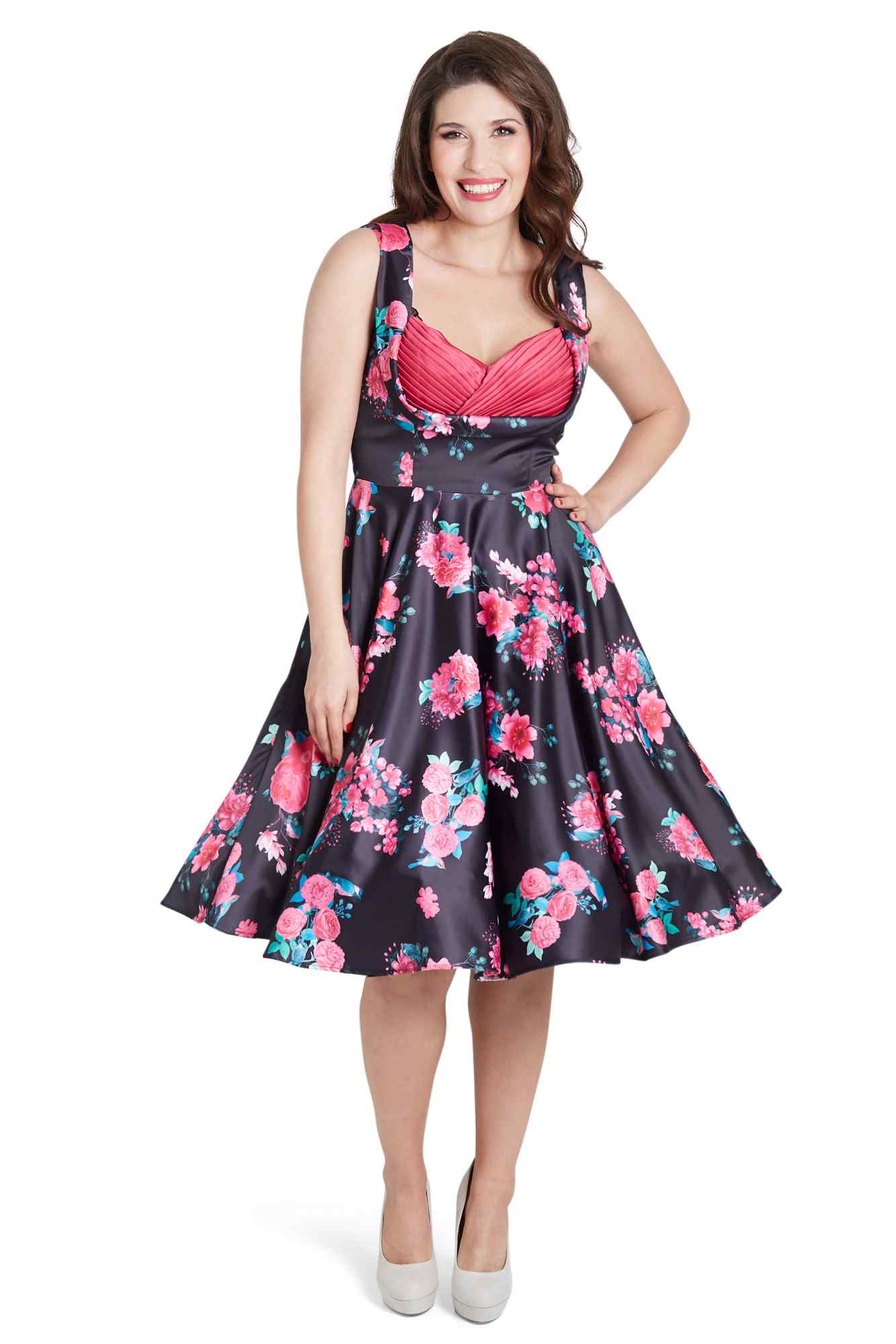 Black Floral Pleated Bust Dress