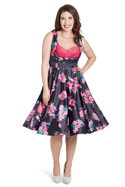 Black Floral Pleated Bust Dress