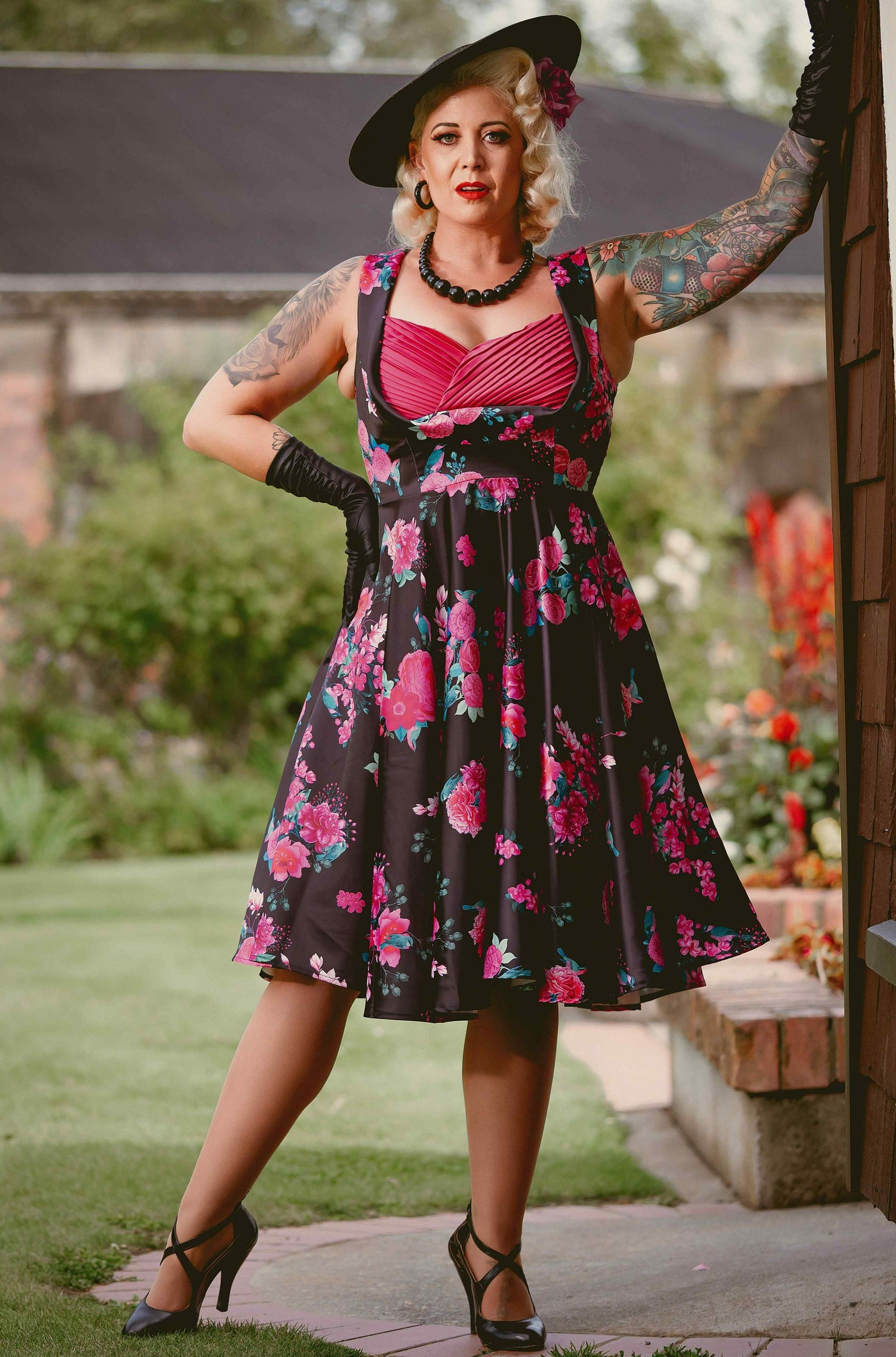 Black Floral Pleated Bust Dress