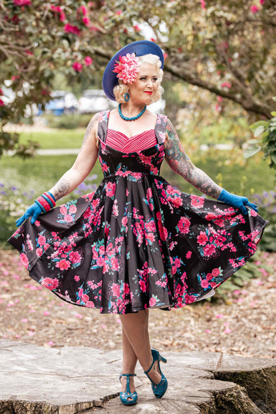 Black Floral Pleated Bust Dress