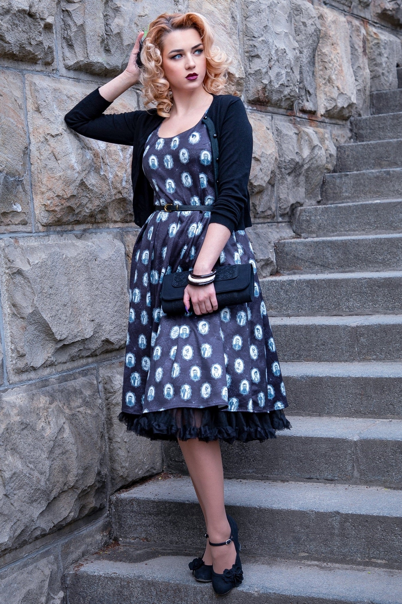 Black Frankenstein Monster Print Swing Dress