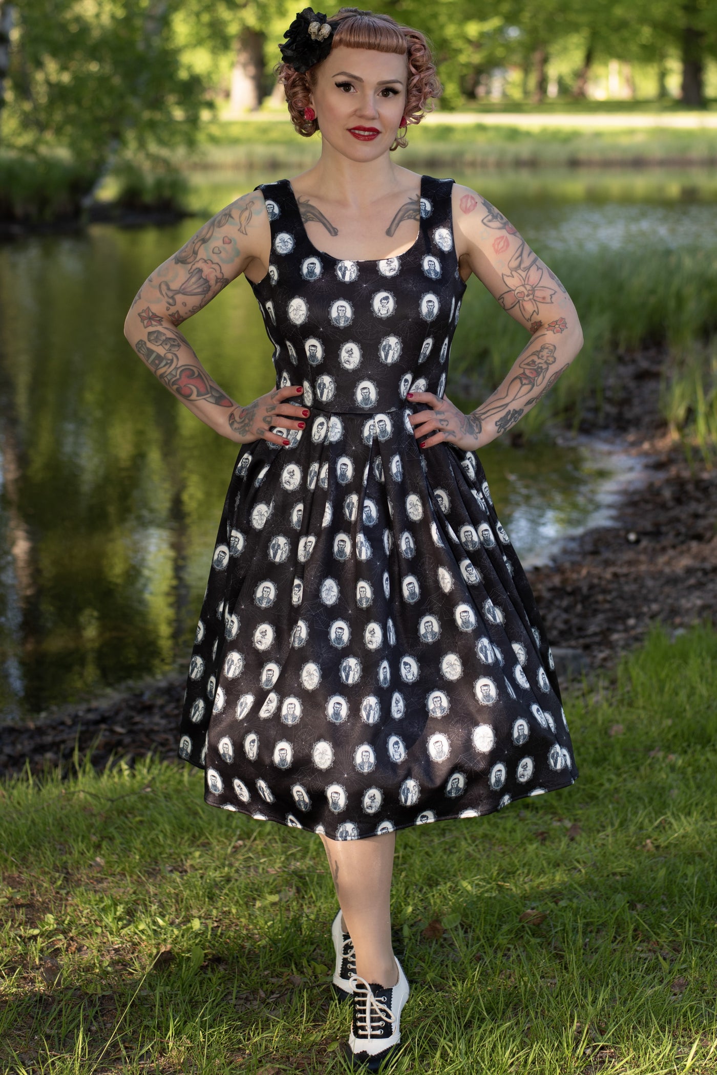 Black Frankenstein Monster Print Swing Dress