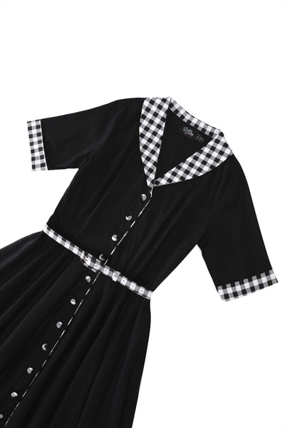 Close up view of Mollie Black Full Circle Shirt Dress With Gingham