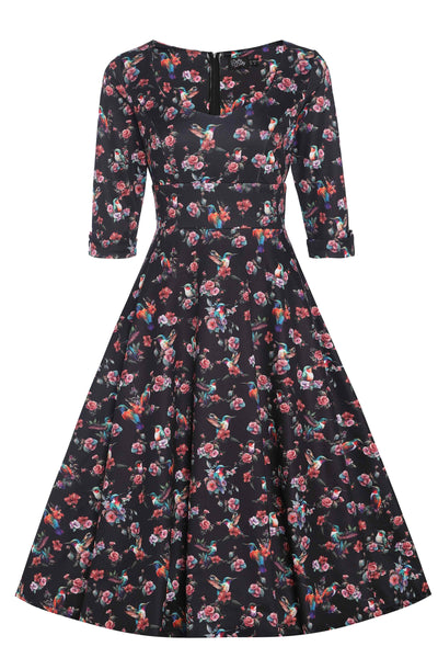 Front view of Black Hummingbird Midi Dress