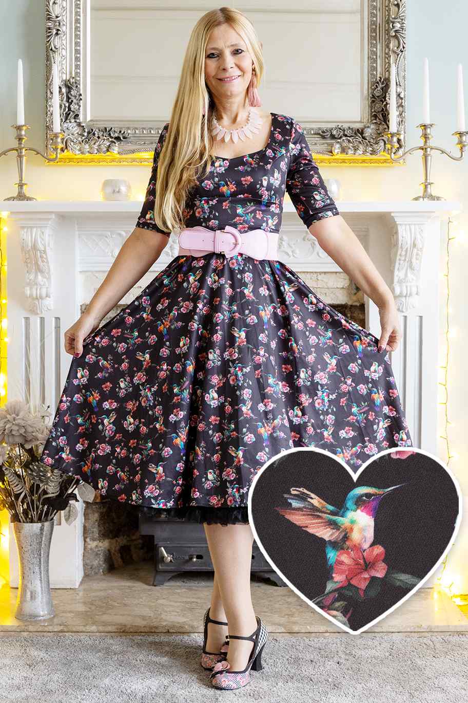 Black Hummingbird Midi Dress