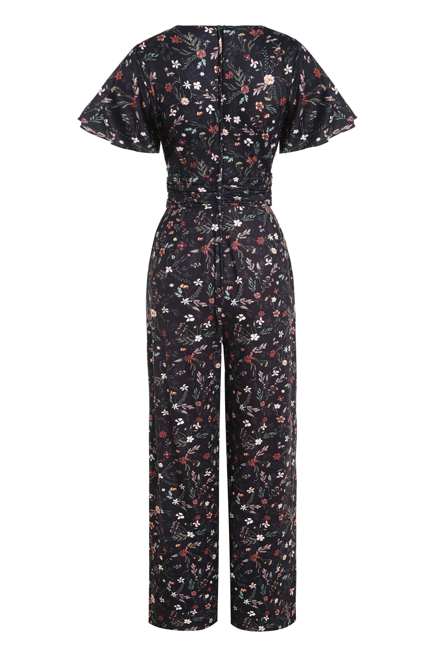 Back View of Black Meadow Floral Short Sleeved Jumpsu