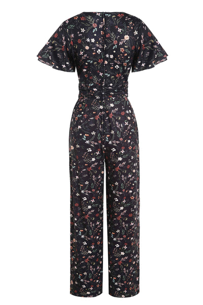 Back View of Black Meadow Floral Short Sleeved Jumpsu