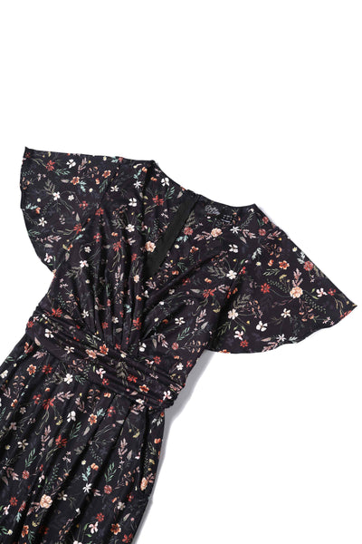 Close up View of Black Meadow Floral Short Sleeved Jumpsu