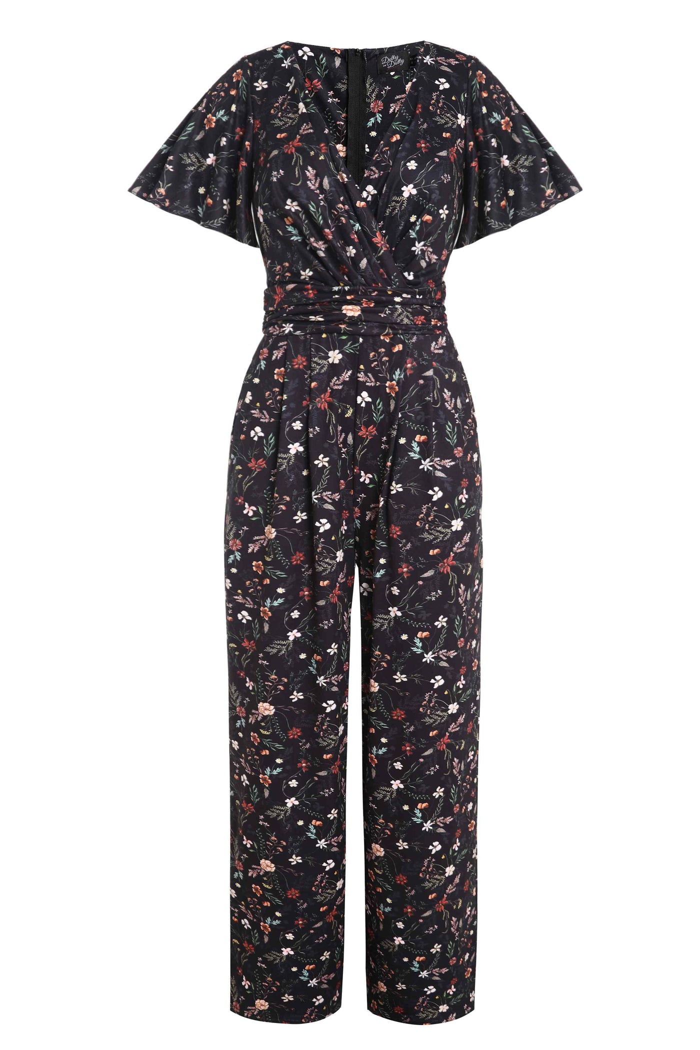 Front View of Black Meadow Floral Short Sleeved Jumpsu