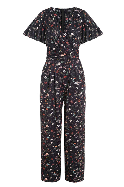 Front View of Black Meadow Floral Short Sleeved Jumpsu