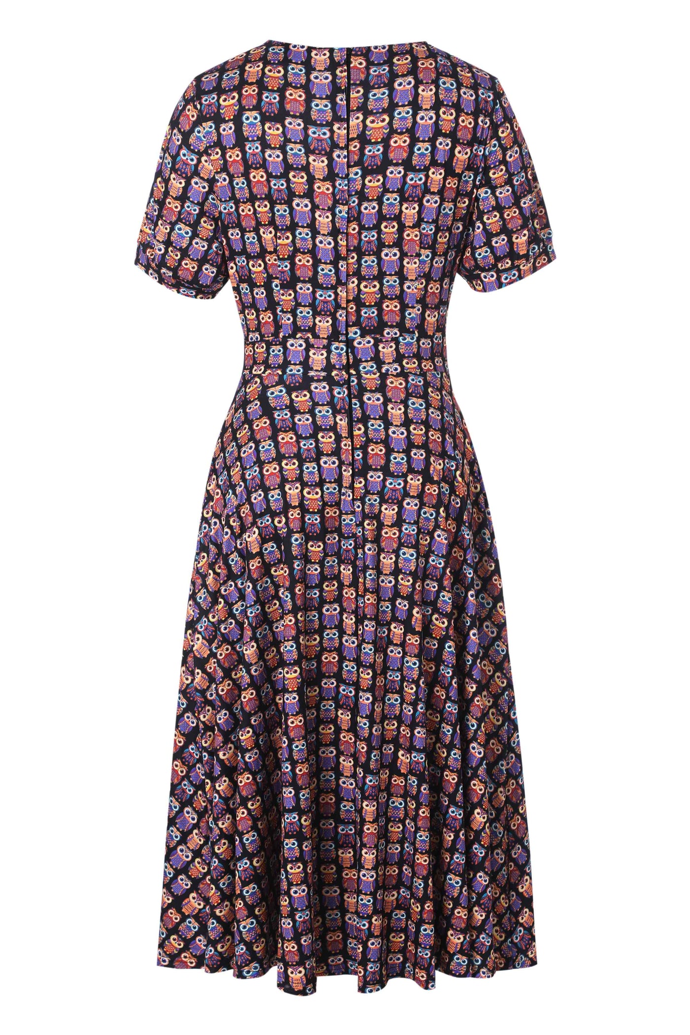 Back view of Black Midi Dress in Aztec Owl Print