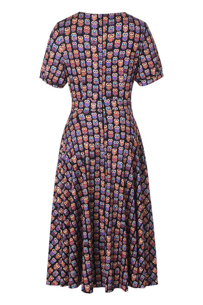 Back view of Black Midi Dress in Aztec Owl Print