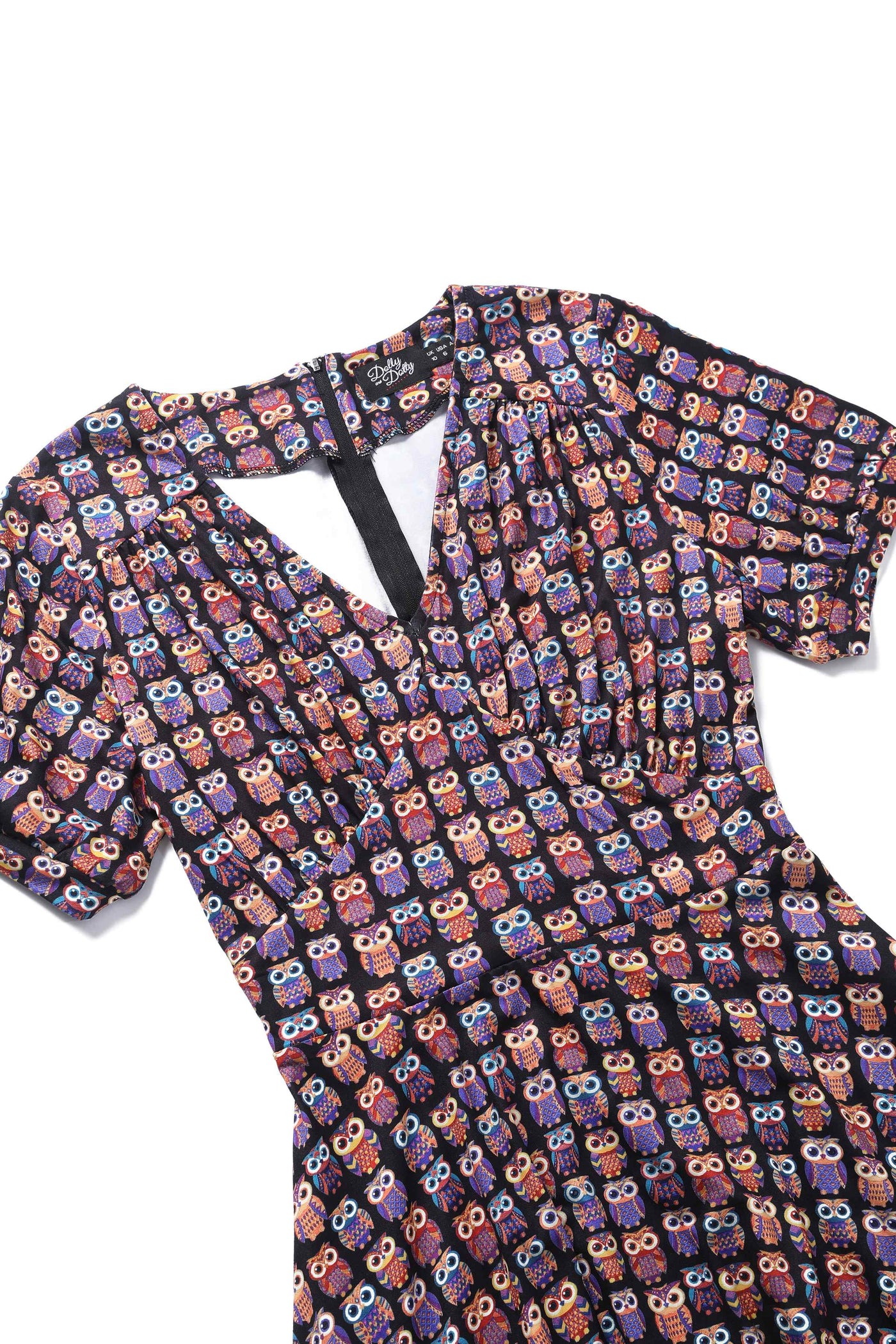 Close up view of Black Midi Dress in Aztec Owl Print