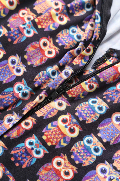 Close up view of Black Midi Dress in Aztec Owl Print