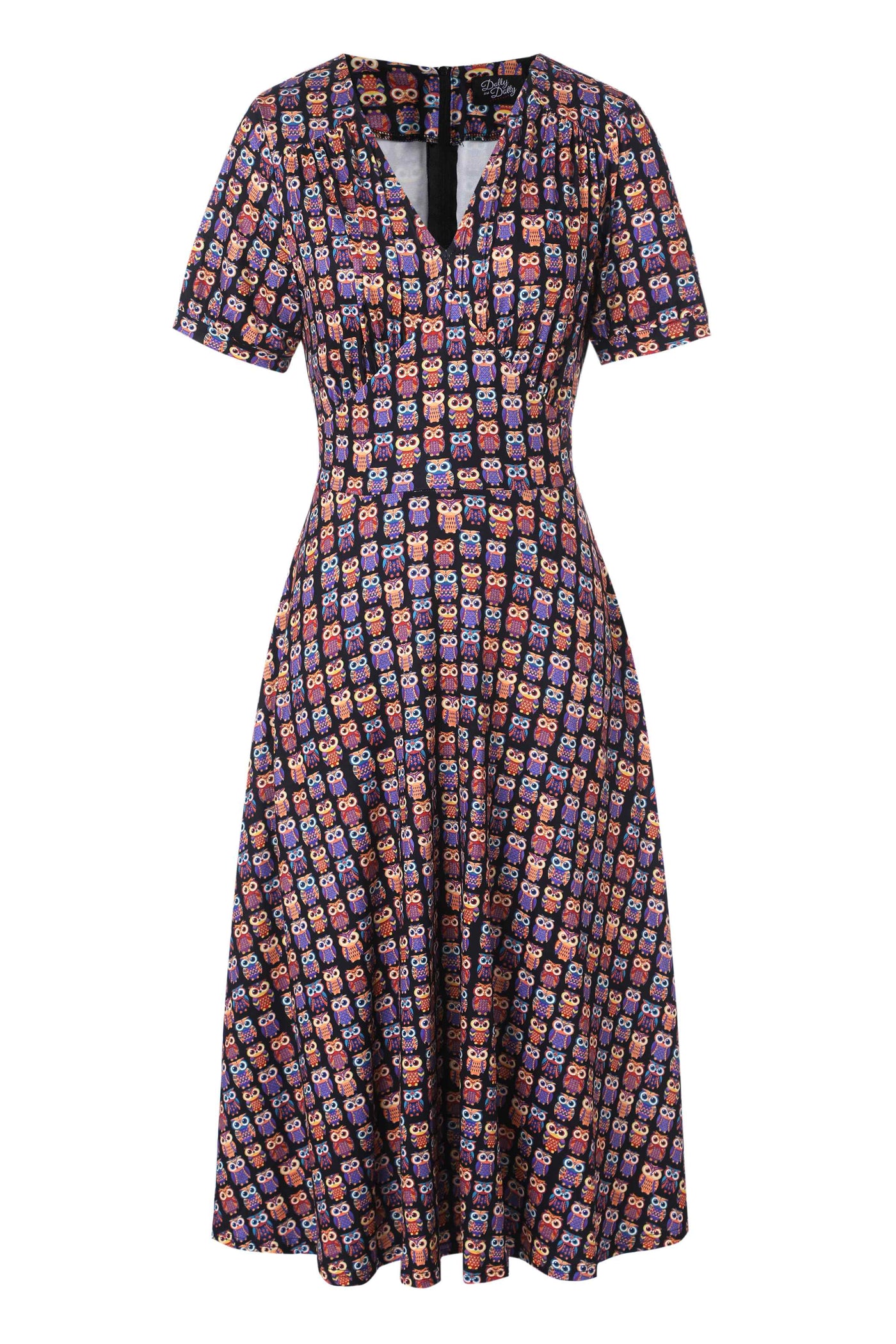 Front view of Black Midi Dress in Aztec Owl Print