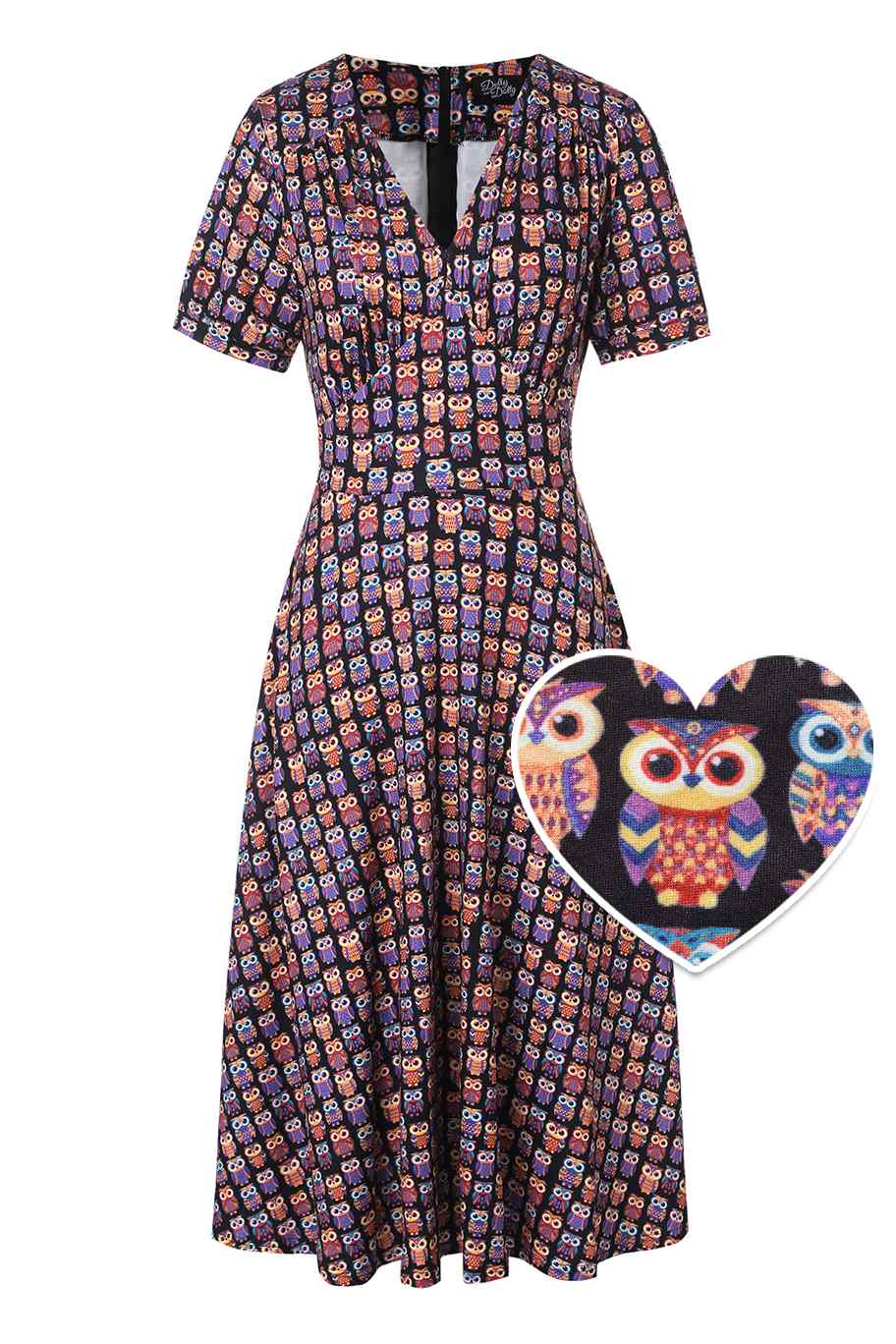 Front view of Black Midi Dress in Aztec Owl Print