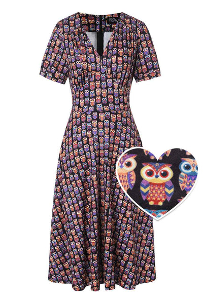 Front view of Black Midi Dress in Aztec Owl Print