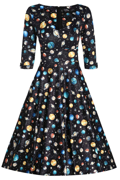 Front view of our long sleeved, flared dress, in black planet galaxy print