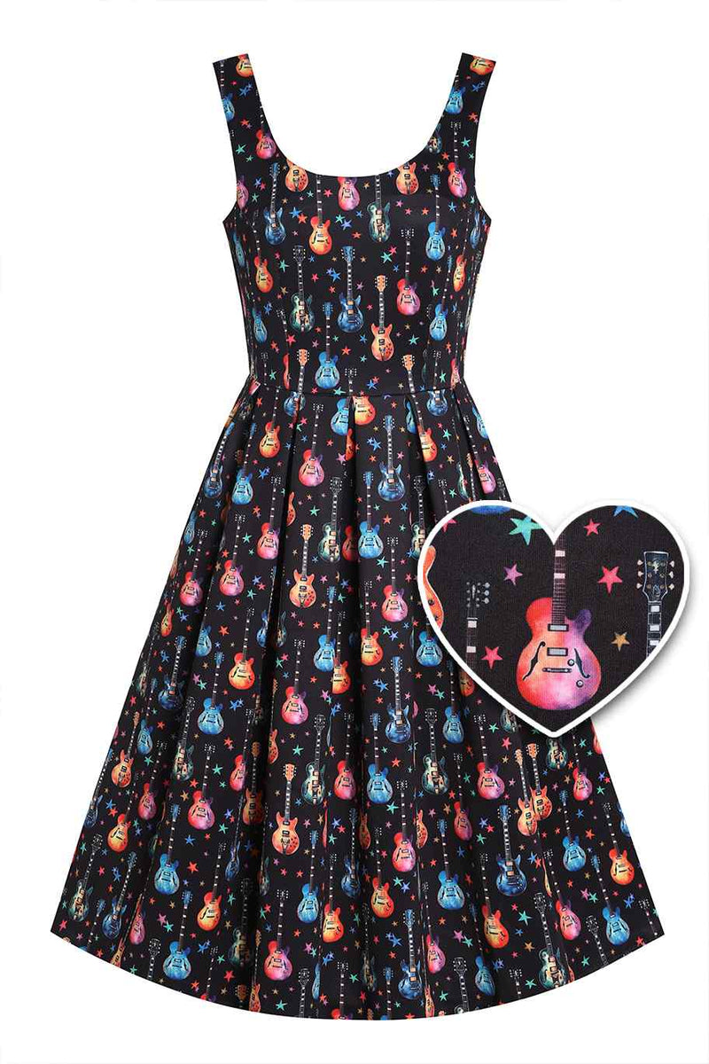 Black Pleated Dress in Guitar & Stars Print