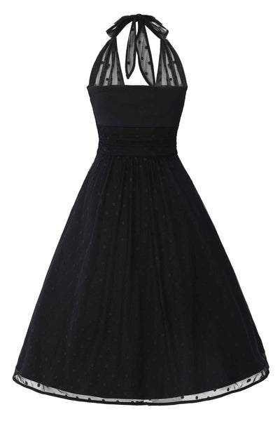 Back View of Black Polka Dot Mesh Halter Dress