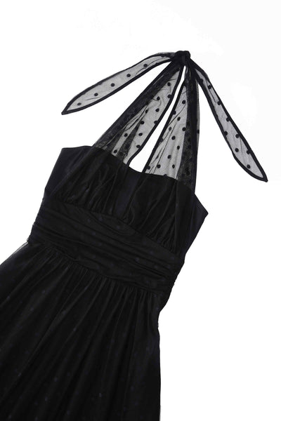 Close up View of Black Polka Dot Mesh Halter Dress