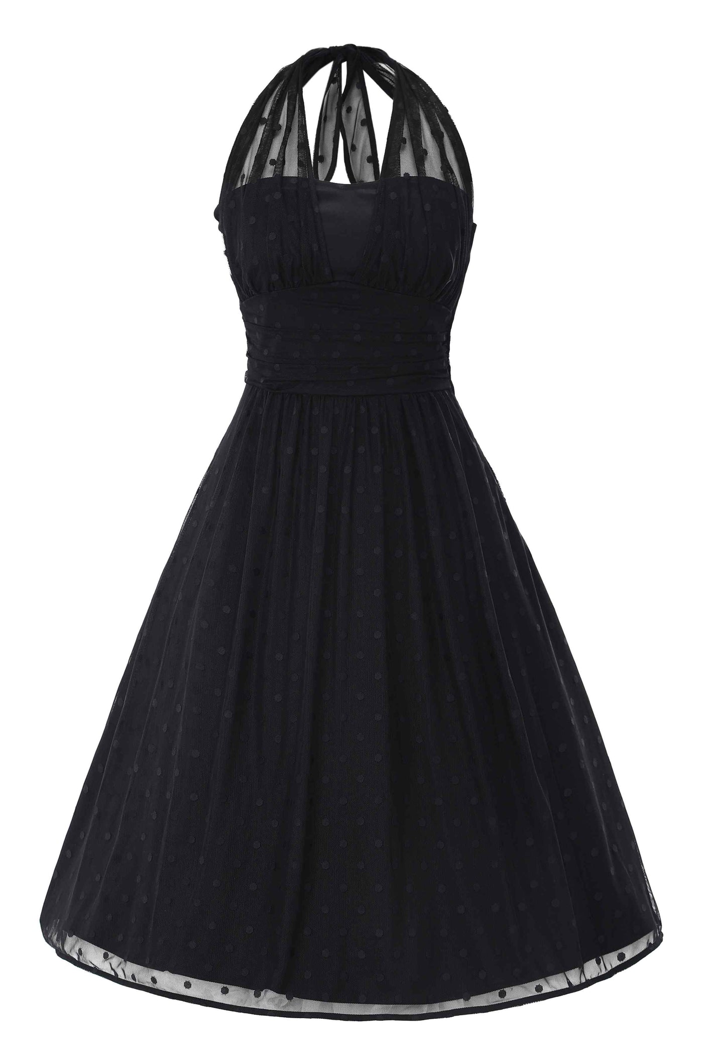 Front View of Black Polka Dot Mesh Halter Dress
