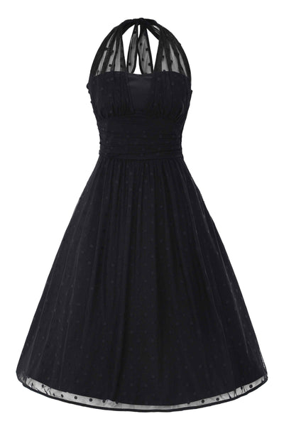 Front View of Black Polka Dot Mesh Halter Dress