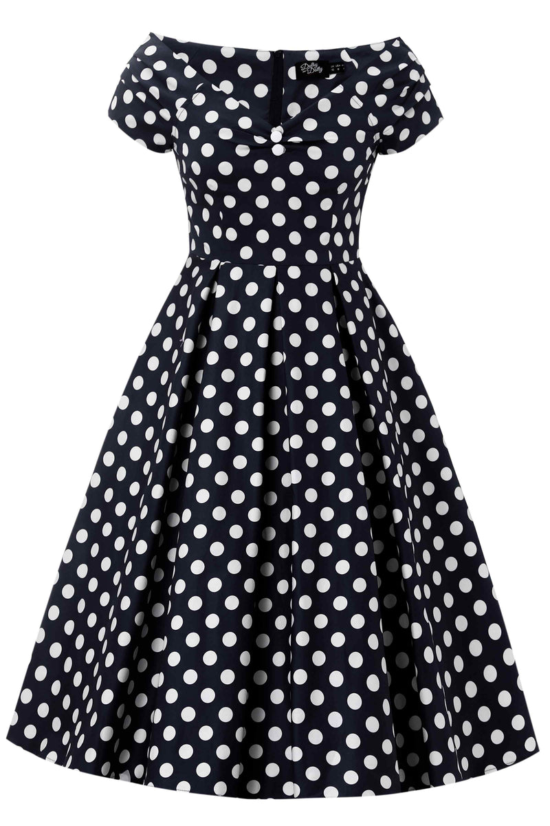 Front view of Black Polka Dot Off Shoulder Dress