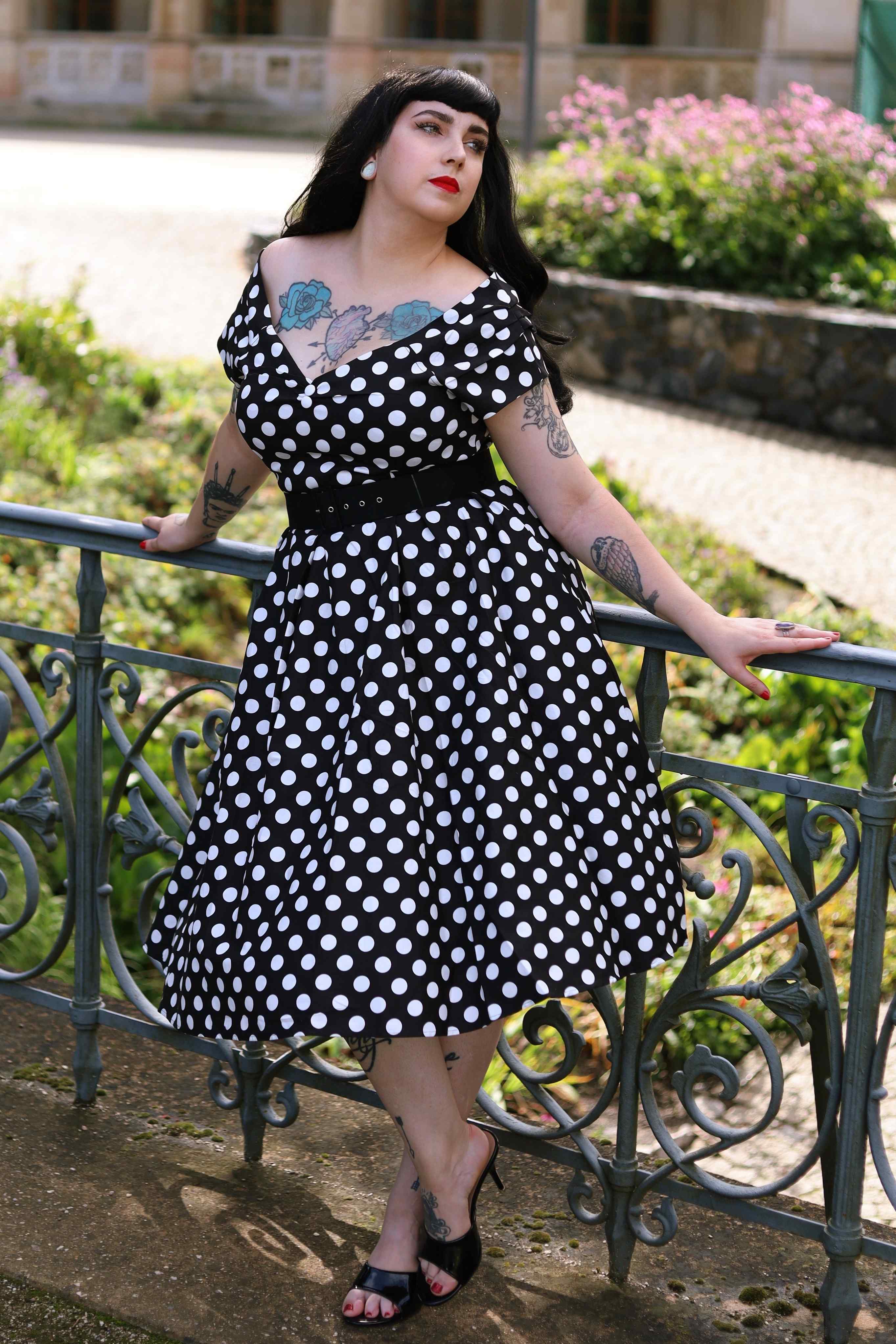 polka dot off shoulder dress Rockabilly Black Polka Dot Off Shoulder Dress