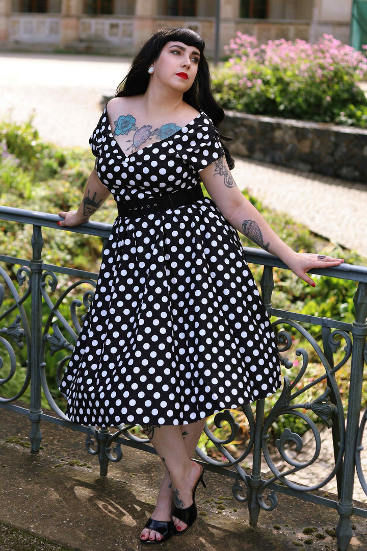 black and white polka dot off the shoulder dress Black and Cream Polka Dot Off Shoulder Mini Dress