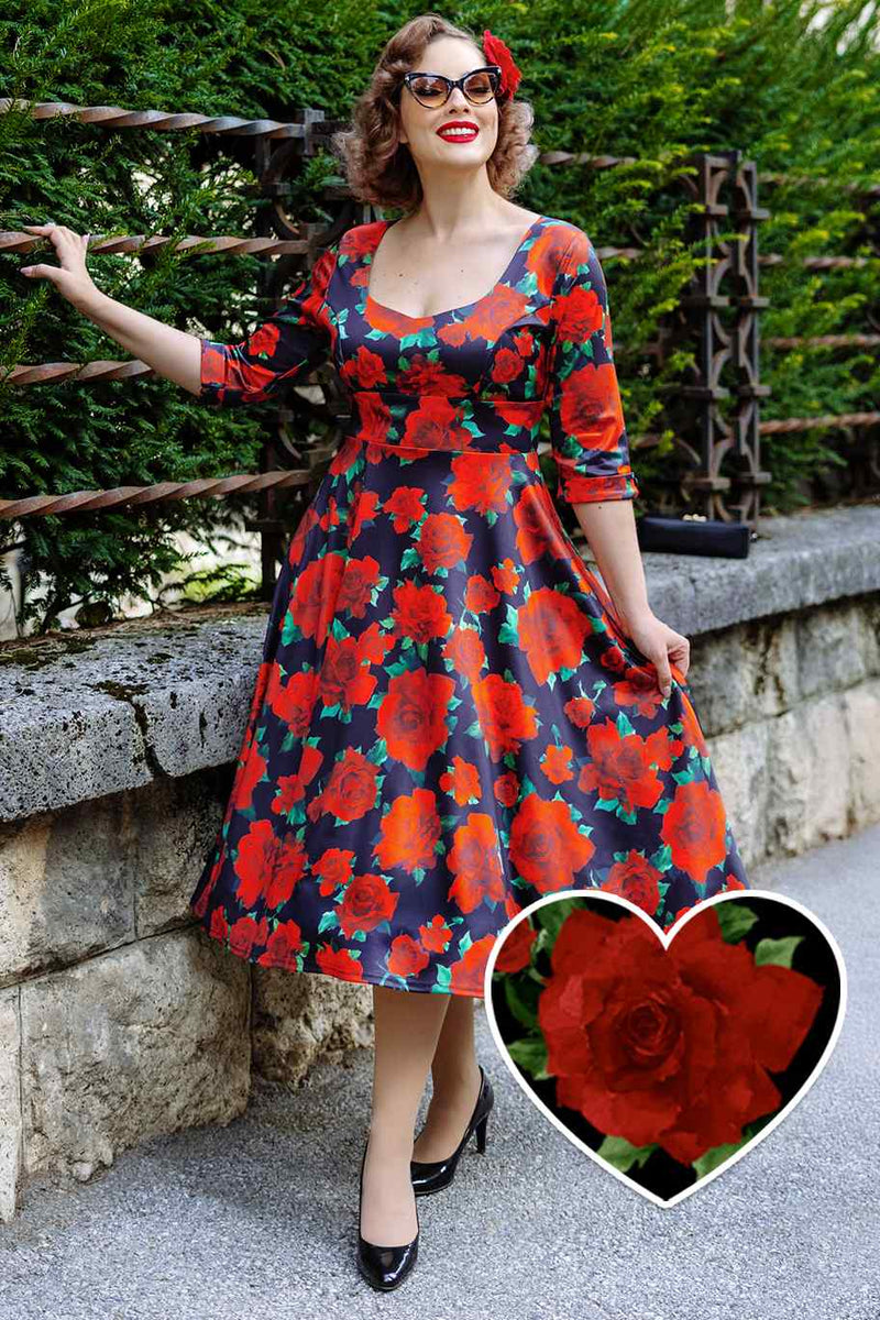 Scarlette Black/Red Rose Long Sleeved Midi Dress Scarlette Black/Red Rose Long Sleeved Midi Dress