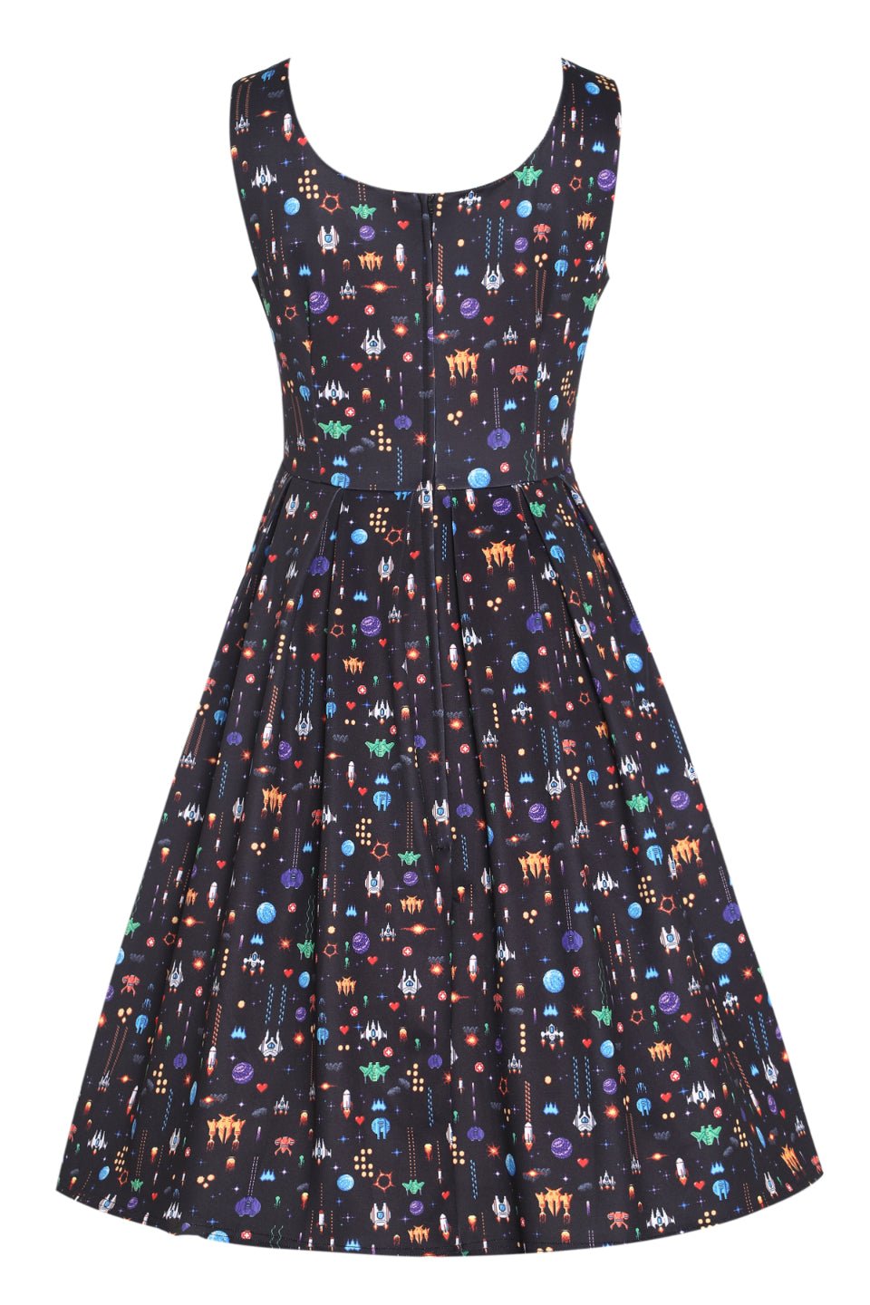 Back view of Black Retro Arcade Game Flared Dress