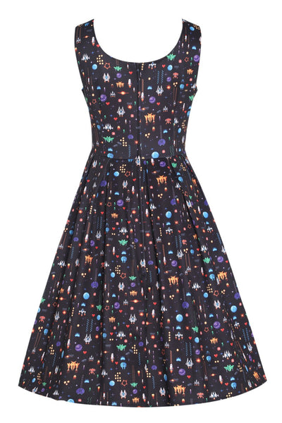 Back view of Black Retro Arcade Game Flared Dress