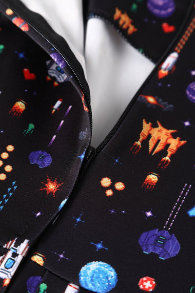 Close up view of Black Retro Arcade Game Flared Dress