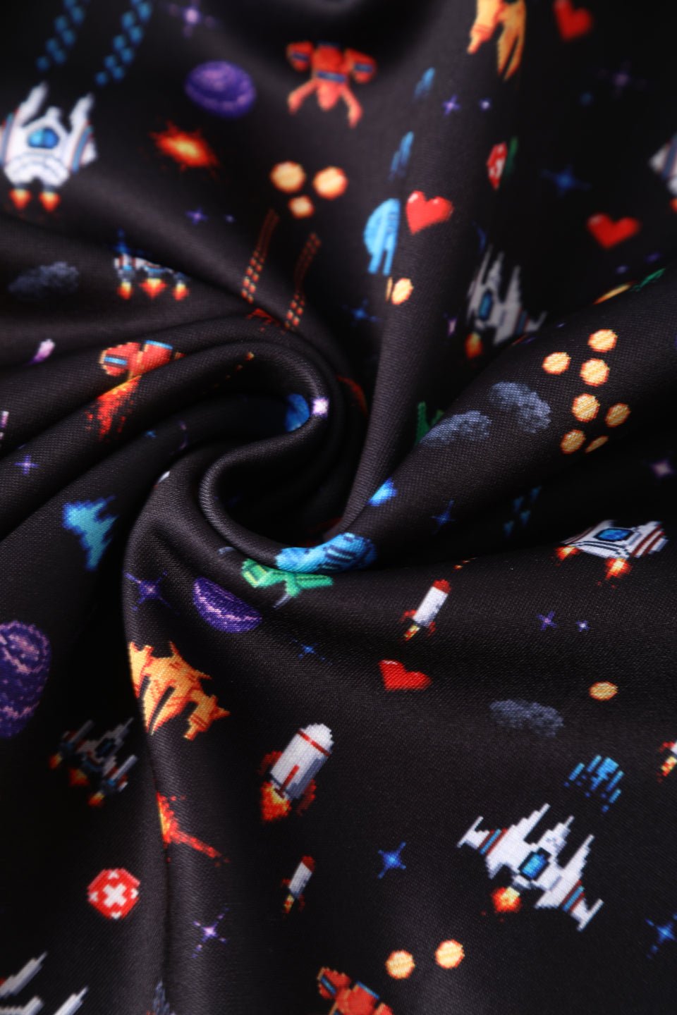 Close up view of Black Retro Arcade Game Flared Dress