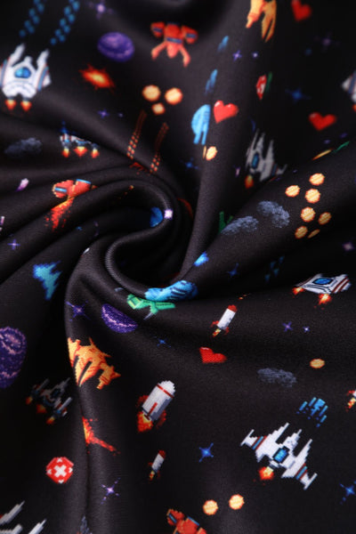 Close up view of Black Retro Arcade Game Flared Dress